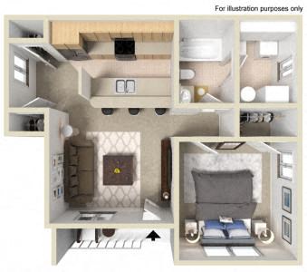 Floor plan for 1 bed, 1 bath, 672 sqft